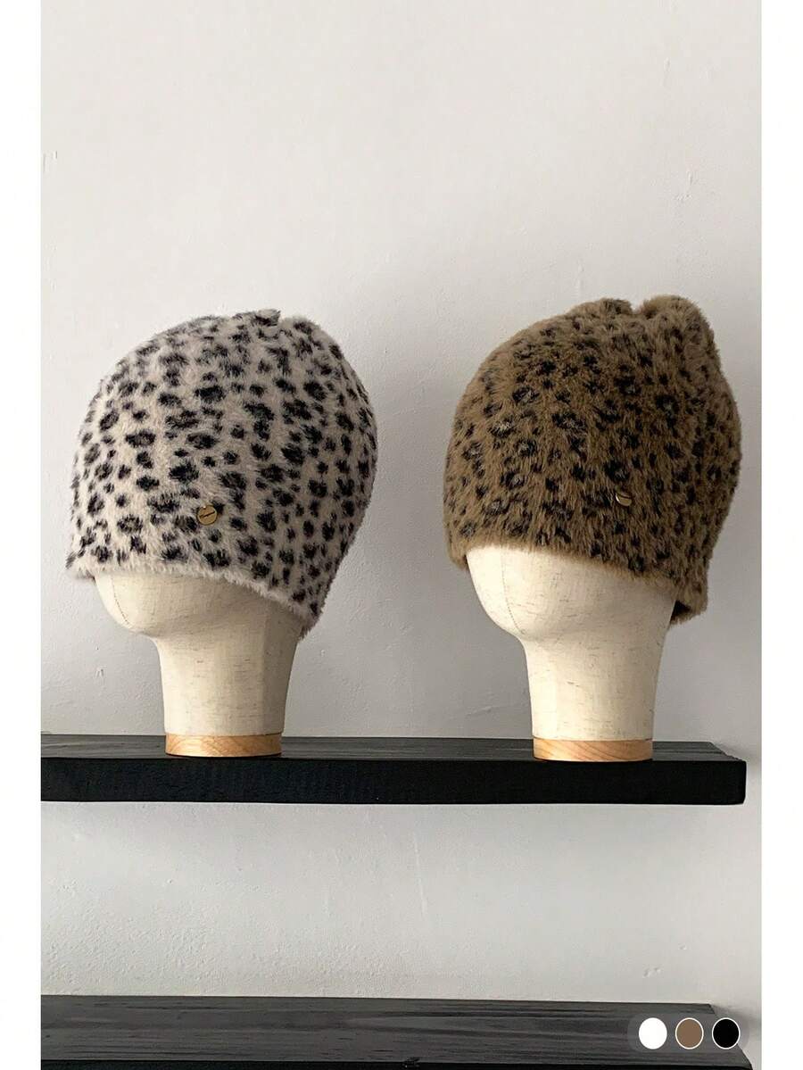 1 件女士柔软毛绒豹纹无檐便帽，复古风格保暖护耳帽，秋冬款 - 彩色 - 查看 1