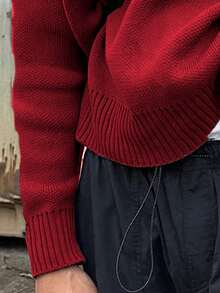 Men's Casual Loose Fit Crew Neck Pullover Sweater, Streetwear Style, Solid Color, Long Sleeve, Versatile, Suitable For Spring, Autumn, Winter - Đỏ - Xem 3