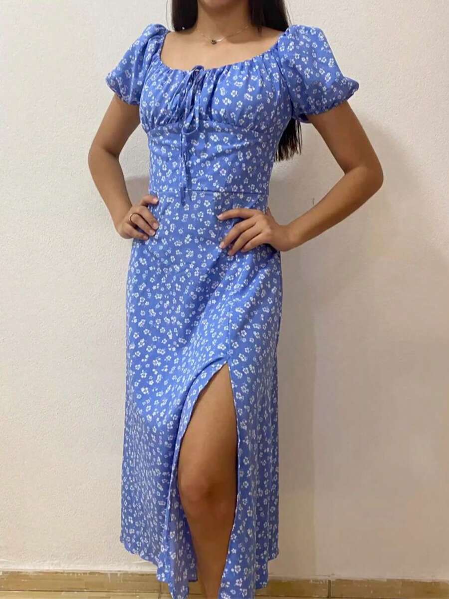 Women's Dress In Duna Lined Floral Print With Princess Sleeves And Front Slit With Elastex On The Back - Elegant Summer Fashion - 藍色 - 查看 1