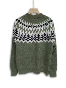 Plus Size Women Geometric Pattern Crew Neck Long Sleeve Loose Knit Sweater, Suitable For Autumn And Winter - Army Green - View 3