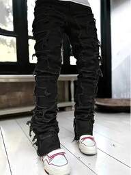 Stacked Jeans Mens Ripped Jeans Distressed Patchwork Straight Leg Y2k Skinny Denim Pants Hip Hop Slim Fit Trousers