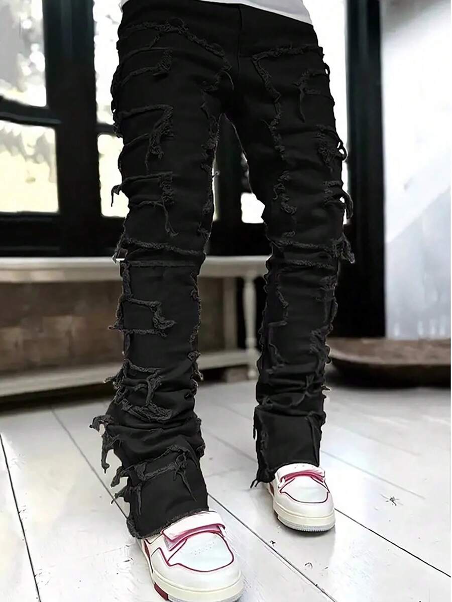 Stacked Jeans Mens Ripped Jeans Distressed Patchwork Straight Leg Y2k Skinny Denim Pants Hip Hop Slim Fit Trousers - màu đen - Xem 1