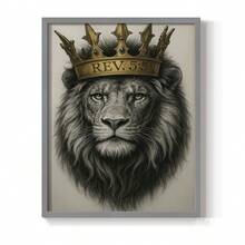 1pc Restickable Framed Lion Of Judah Art Print, Wood Frame, Biblical Inspired Regal Animal Wall Decor With Gold Crown & Scripture Accent, Spiritual Artwork For Living Room, Office, Or Prayer Room, Made In USA, Ready To Hang Art Prints - Grey - View 1