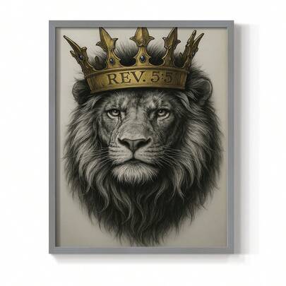 1pc Restickable Framed Lion Of Judah Art Print, Wood Frame, Biblical Inspired Regal Animal Wall Decor With Gold Crown & Scripture Accent, Spiritual Artwork For Living Room, Office, Or Prayer Room, Made In USA, Ready To Hang Art Prints