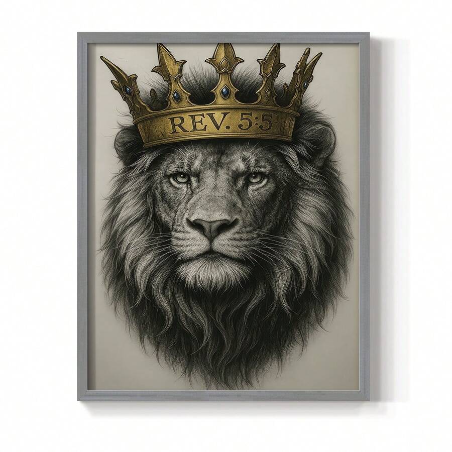 1pc Restickable Framed Lion Of Judah Art Print, Wood Frame, Biblical Inspired Regal Animal Wall Decor With Gold Crown & Scripture Accent, Spiritual Artwork For Living Room, Office, Or Prayer Room, Made In USA, Ready To Hang Art Prints - Grey - View 1