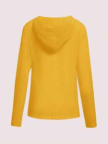 女士纯色半拉链休闲长袖镂空提花连帽衫 - 黃色 - 查看 2