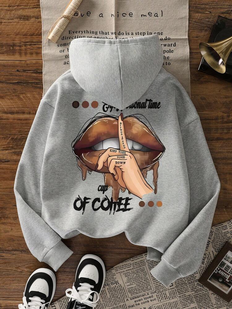 女式连帽羊毛衫，独立咖啡文化棕色唇印，时尚休闲街头服饰，秋冬 - 深花灰 - 查看 12