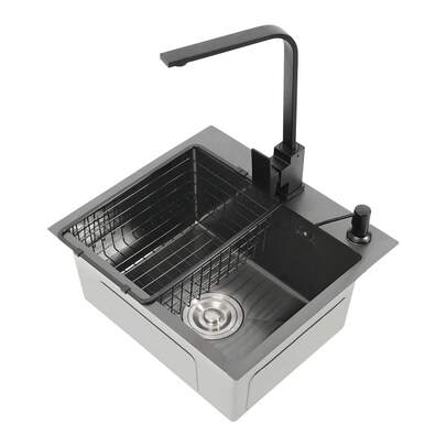 WUPYI2018 Spüle Spülbecken mit Armatur Schwarz 40x45cm, Einbauspüle X-förmige Leitlinie Waschbecken Küche Küchenspüle mit Seifenspender,Abtropfkorb, Leicht zu Reinigen Nano Kitchen Sink Set (Standardsatz)
