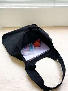 Printed Canvas Tote Bag With "El-Tiempo" Colorful Letter Print Pattern, Portable Casual Storage Handbag, Multifunctional Shopping Bag, Minimalist Travel Storage Bag, Large Capacity Travel Cosmetic Bag, Newly Designed With Ample Space, Ideal For Shopping, Wedding, Birthday, Beach, Holiday, Back To School - Black - View 9