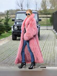 Luxury Women's Long Faux Fur Coat, Oversized Fit, Waterfall Collar, Flowing Winter Outerwear Pink - Hồng - Xem 5
