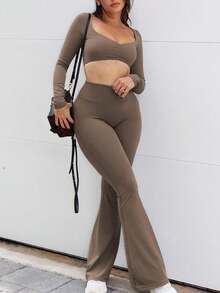 两件套 女士宽松圆领露脐上衣和长裤 春季 - 裸色 - 查看 3