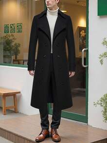 Abrigo largo para hombre de gabardina, abrigos para hombre en colores caqui negro gris con doble fil a de botones, elegante y formal para ocasiones especiales - Negro - Ver 1