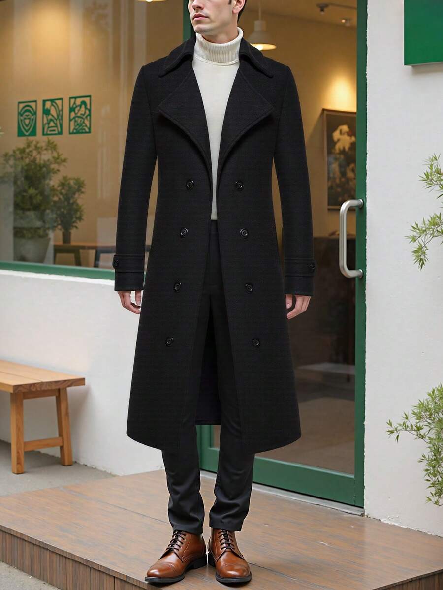 Abrigo largo para hombre de gabardina, abrigos para hombre en colores caqui negro gris con doble fil a de botones, elegante y formal para ocasiones especiales - Negro - Ver 1