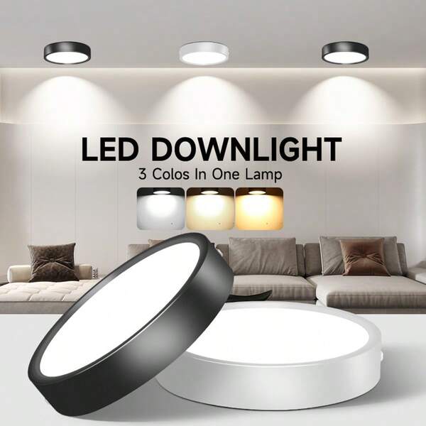CANMEIJIA 1 pieza Luz empotrada de techo LED de aluminio negro, luz de techo montada en superficie interior, foco, AC185-265V, 3 modos de temperatura de color (blanco cálido, blanco natural, blanco frío), tamaño compacto de alta salida, adecuado para dormitorio, sala de estar, cocina, baño, centro comercial