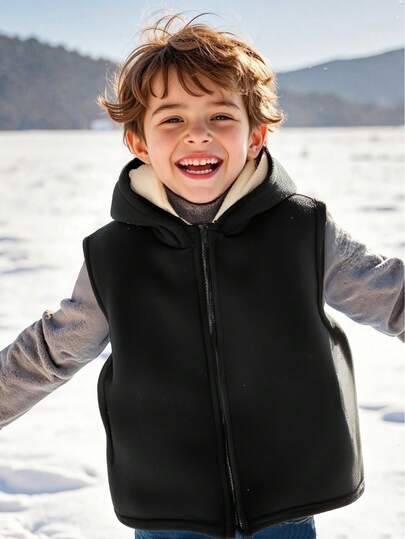 1pc Boys' Casual Fashionable Vintage Style Solid Color Thick Fleece Sleeveless Zip-Up Hoodie Vest, Soft & Comfortable, Suitable For Outdoor, Back To School, Commuting, Social Gatherings, Spring/Autumn/Winter