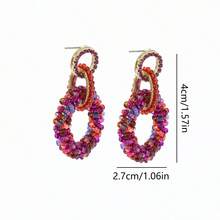 1 Pair Handmade Seed Bead, Rhinestone & Crystal Hoop Earrings, Unique Floral Pattern & Color Variations - Red Violet - View 6