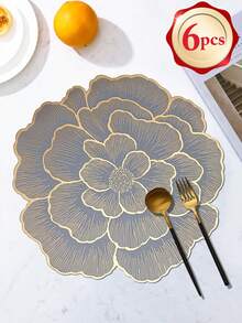 1-120pcs Gold Flower Design PVC Placemats, Washable, Easy To Clean, Wipe-Clean, Non-Slip, Holiday Wedding Party Dining Table Decor - Gold - View 13