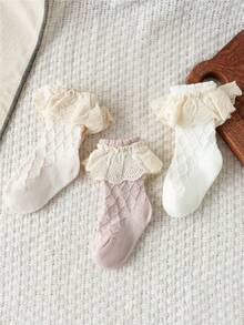 3Pairs/Lot New Spring Autumn Baby Girls Socks Newborn Infant Kids Cute Socks Toddler Lace Flower Short Tube Sock For 0-3Years Whitr Pink Beige - Multicolor - View 10