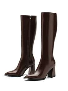 2025年高品质热销秋季新款粗跟高筒靴，百搭时尚过膝靴，低跟尖头女鞋，欧式金属装饰优雅简约过膝靴 - 棕色 - 查看 5