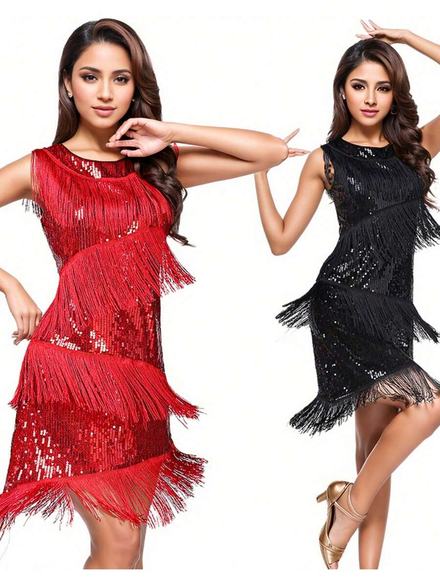 Latin Dance Performance Costume, Sequin Fringe Latin Competition Dress, Sleeveless Dance Outfit - متعدد الألوان - مشاهدة 1