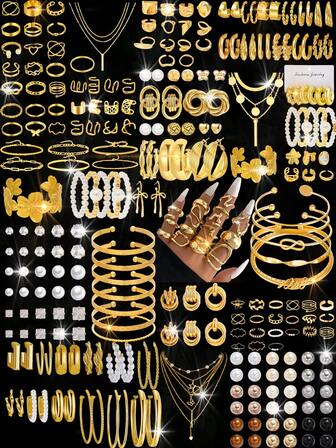 Conjunto de joyería de moda de múltiples elementos de metal con diseño elegante, estiloso y retro, adecuado para vacaciones, fiestas, citas, regalos y uso diario, que incluye 86/70/68/37/35 piezas de collares, anillos de banda ancha, aretes de aro en forma de C y pulseras de banda ancha con una variedad de estilos como flores, corazones, perlas, cristales, mariposas, geométricos, cintas, redondos, cuadrados, cuentas, rayas verticales, ondas, trenzados, CCB, minimalistas, lisos, flecos, retorcidos, símbolos de infinito, en forma de Y, y talla grande.