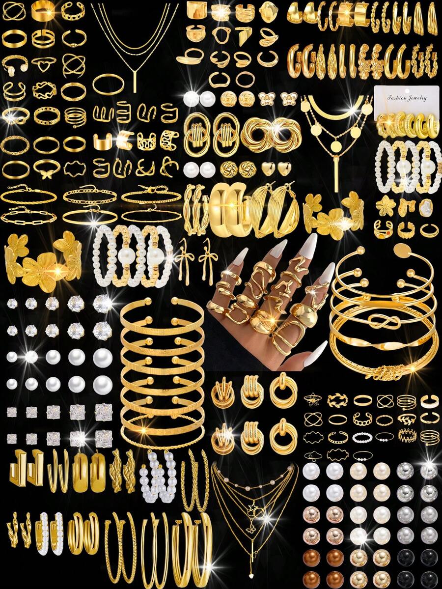 86/70/68/37/35 件套多件复古、波西米亚风、优雅花朵、心形、珍珠、水钻、闪亮、蝴蝶、几何、丝带、圆形、方形、珠子、垂直条纹、波浪、编织、CCB、极简主义、光滑、流苏、扭曲、无限符号、Y 形项链、宽带戒指、C 形环形耳环、宽手链多元素金属时尚首饰套装，时尚、优雅、复古设计，适合节日、派对、约会、礼物、日常佩戴