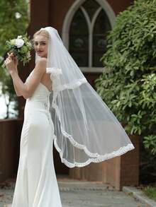 1 件时尚叶子刺绣弧形蕾丝新娘面纱，双层面罩配金属发梳，新娘婚礼揭幕面纱，新娘头饰秋季女士服装 - 樹葉花邊頭紗 - 查看 4