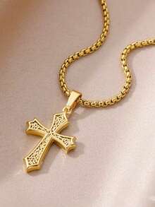 1pc Stainless Steel Catholic Cross & Angel Religious Faith Necklace, Suitable For Halloween, Christmas, Party, Gift For Mom, Friends