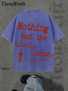 Y2K,Vintage Shirts Men Style "NOTHING BUT THE BLOOD OF JESUS" Print Washed Thickened Cotton T-Shirt - Creative Design, Unisex Casual Street Style, Surprise Gift, One Retro Washed 230g Top, Thickened Pure Cotton Material - 寶藍色 - 查看 3