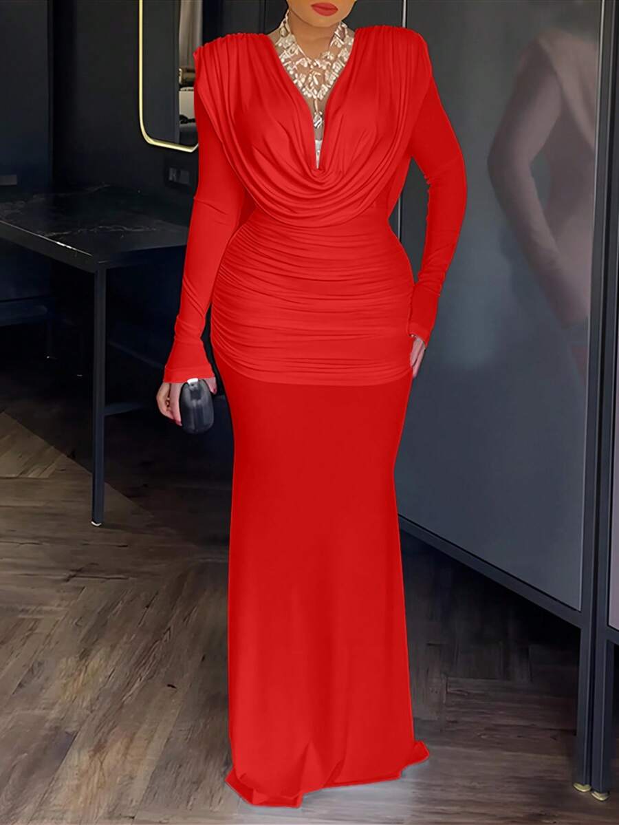 ChicMe 优雅女士褶皱高领长连衣裙，纯色长袖修身露背休闲派对鸡尾酒晚礼服