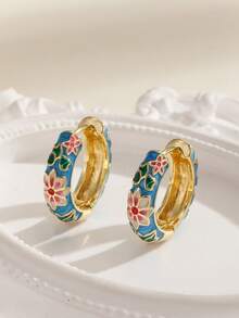 1Pair Fashion Copper Material Flower Pattern Hoop Earrings Jewelry For Women Girls - Blue - View 6