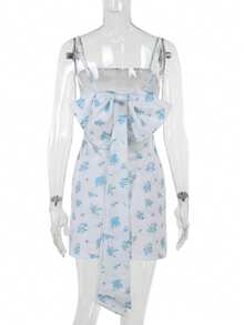 Women's Spaghetti Strap All-Over Print Minimalist Short Dress - White - View 2