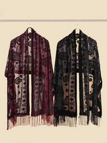 1pc Women's Classic Retro Paisley Pattern Tassel Velvet Shawl, Fashionable & Elegant Holiday Dress, Party, Wedding Shawl, Multifunctional Outerwear, Decorative Long Scarf