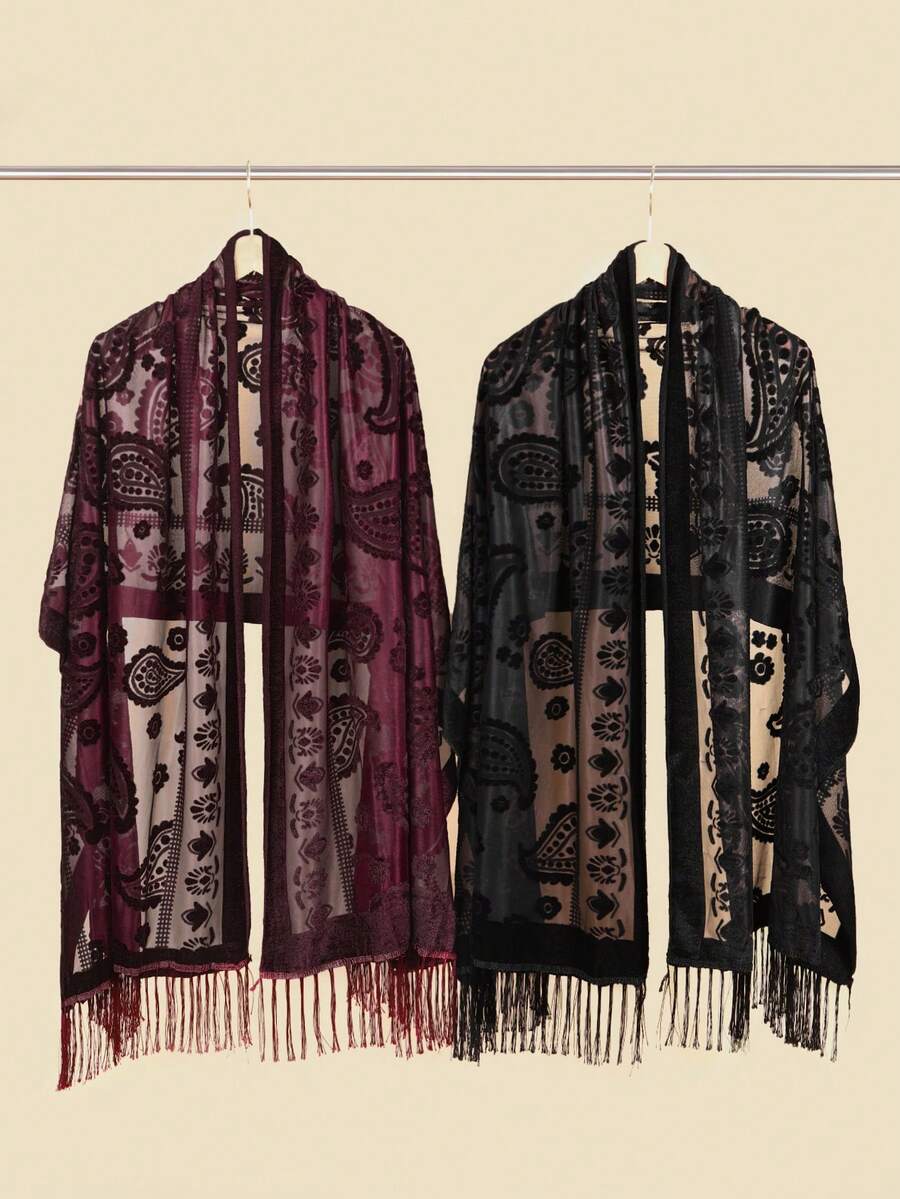 1pc Women's Classic Retro Paisley Pattern Tassel Velvet Shawl, Fashionable & Elegant Holiday Dress, Party, Wedding Shawl, Multifunctional Outerwear, Decorative Long Scarf