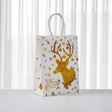 25pcs White & Gold Christmas Gift Bags, Party Handled Paper Bags With Reindeer & Snowflake Wreath Design, Suitable For Birthday, Anniversary, Garden Celebration, Christmas Gifts, Gift Sets, Christmas Themed Parties, Sturdy Paper Bag Material, Suitable For Christmas, Wedding Gifts, Online Gift Packaging