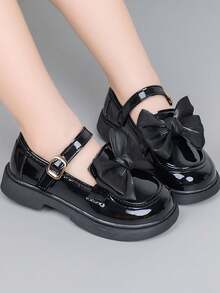 1 Pair Kids' Solid Color Leather Bowknot Strap Flat Outdoor Classic Loafers, Suitable For Autumn