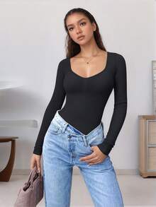 Plus Size Women Ribbed Long Sleeve Bodysuit Black - Black - View 6