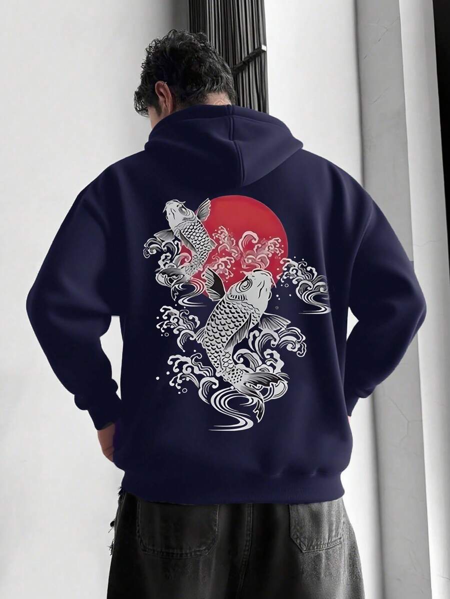 Krometka 男士连帽衫 秋冬新款 日本浮世绘鲤鱼波浪印花袋鼠口袋连帽卫衣 - 藏蓝色 - 查看 1