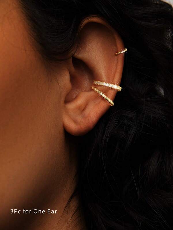 3 Pcs Ear Cuff Gold Hoop Cuffs Earrings For Women Teen Hip-Hop Fashion Exquisite Non Piercing Hypoallergenic Cubic Zirconia Earrings Set Jewelry Gifts Daily Decoration