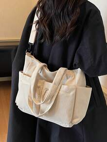 1 件米色多口袋实用手提包，简约时尚，大容量，适合学校/大学生的单肩包，拉链开合，休闲手提包，多功能手提包，通勤和旅行存储解决方案，简约纯色手提包，轻松搭配各种服装 - 米色 - 查看 5