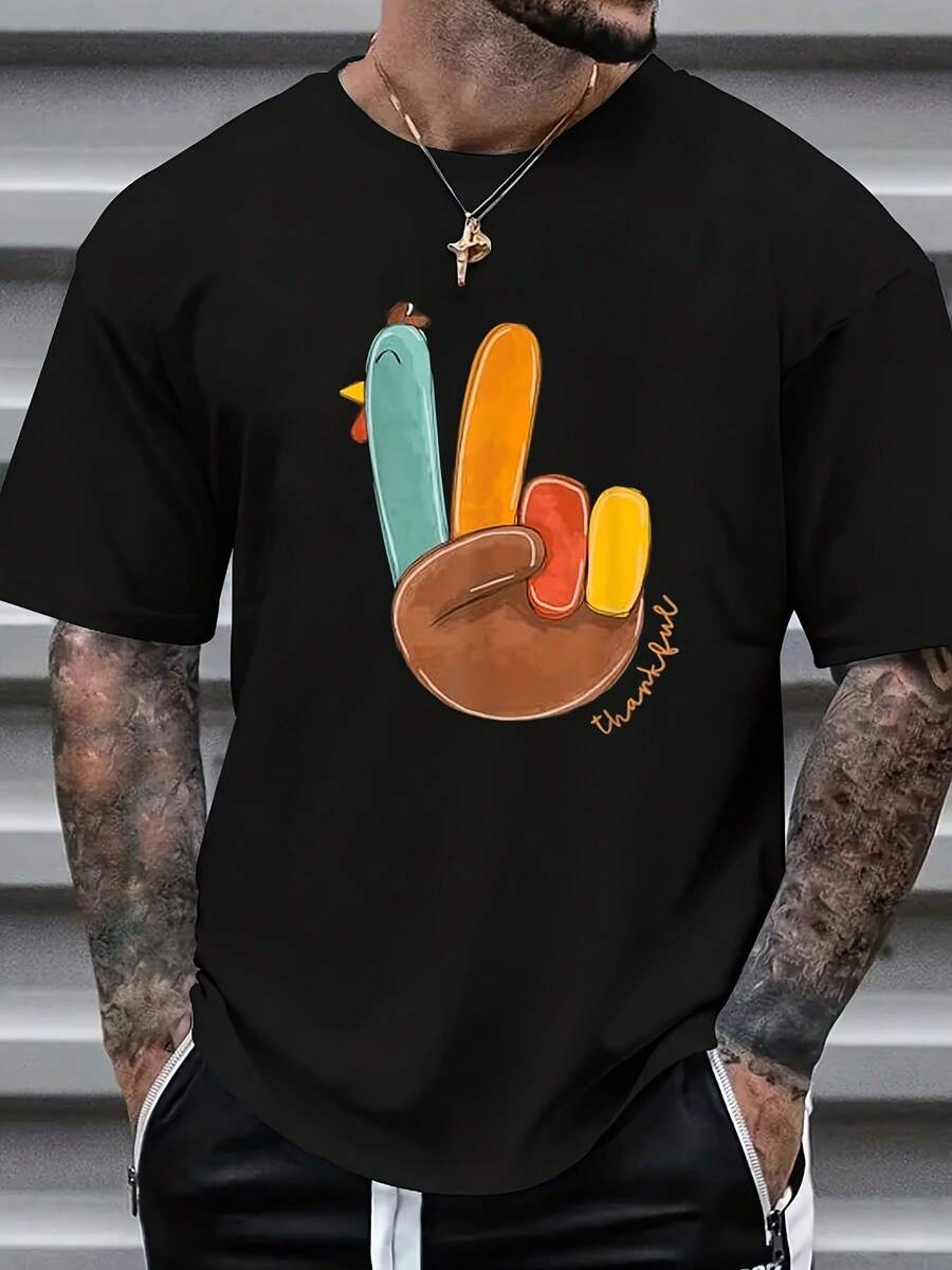 Men'S Thanksgiving Day Printing T-Shirt Cute Design Casual Crew Neck Short Sleeve Top All-Season Wear Machine Washable 220g - màu đen - Xem 1