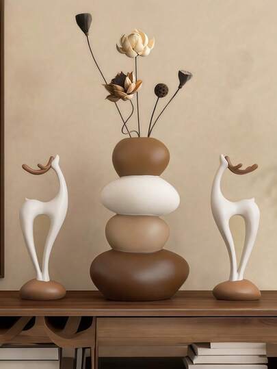 1件树脂鹿雕塑，几何花瓶主题，适用于各种房间类型，非常适合圣诞节、感恩节、新年和一般节日装饰，无需电源。