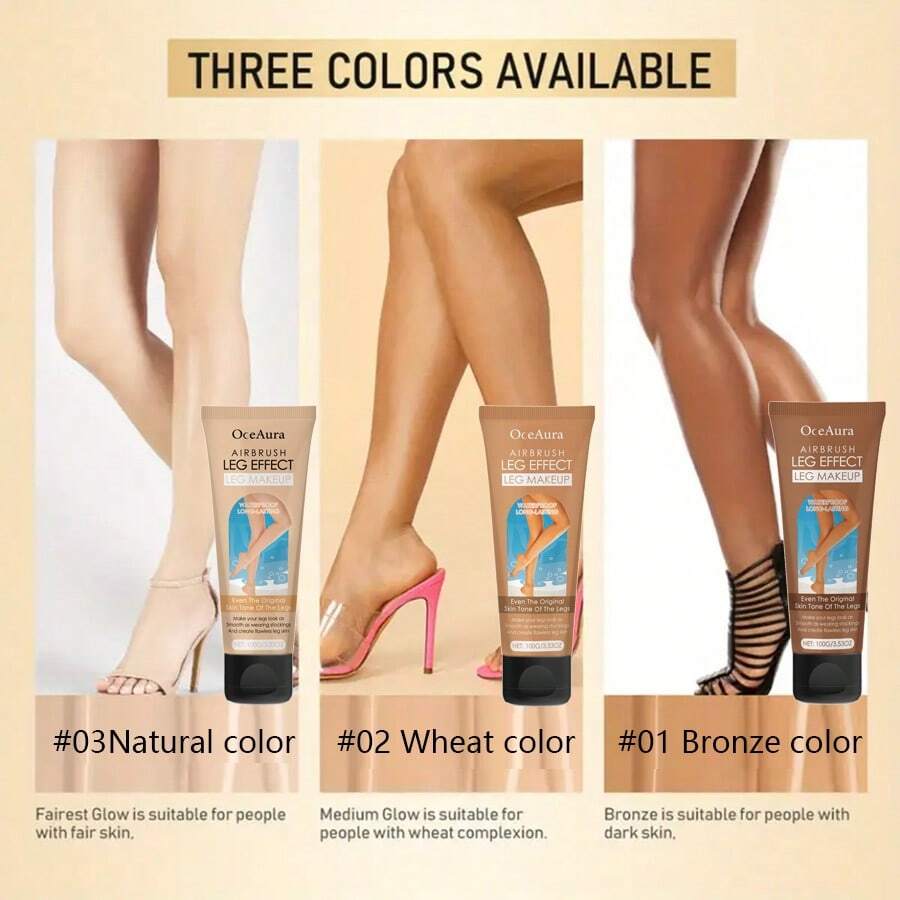 OceAura 3pcs Leg Makeup Cream With Airbrush Effect - Waterproof & Long-Lasting Leg Foundation In 3 Shades (Natural Glow, Wheat Glow, Bronze Glow), Smooths Imperfections, Evens Skin Tone, Lightweight & Moisturizing Formula, For Flawless Legs And BodyHighlight