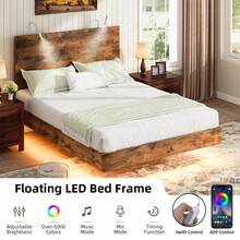 Wooden Platform Bed Frame With Reading Light Headboard, Floating Bed Frame With Adjustable LED Lights, No Box Spring Needed, Easy Assembly, Brown Bed Frame, Twin/ Full/ Queen/ King - Brown - View 3