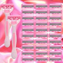 2 Handles + 36 Blades/Pink, Women's Universal, Manual 6-Layer Shaver, Stainless Steel Blades, Safe Anti-Scratch, Suitable For Home Grooming & Beauty Tools - Color Mixing - View 3