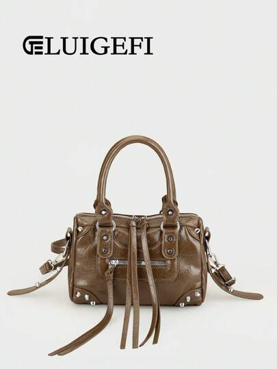 1个复古风格PU皮革手提包，铆钉、金属流苏拉链装饰，可调节肩带，适合日常、旅行、购物。