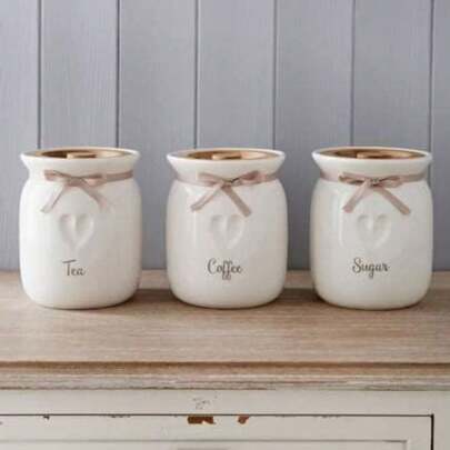 Biznest Large Canisters/Jars Set Tea Coffee Sugar Ceramic Canisters Engraved Heart Kitchen Storage Jars Set Set Of 3 With Wooden Lid And Ribbon Kitchen Organisation Ideal For Gift To Love One's