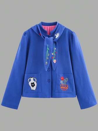 Women's Casual Spring/Autumn Floral Embroidered Jacket With Tie Collar