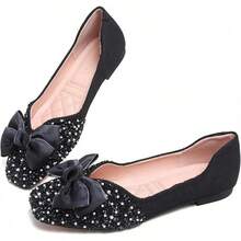 SAILING LU Square Toe Flats Shoes Rhinestoned Bowknots Ballet Flats For Women Studded Dress Shoes Comfort Light Weight LoafersChristmas - C-黑色 - 查看 9