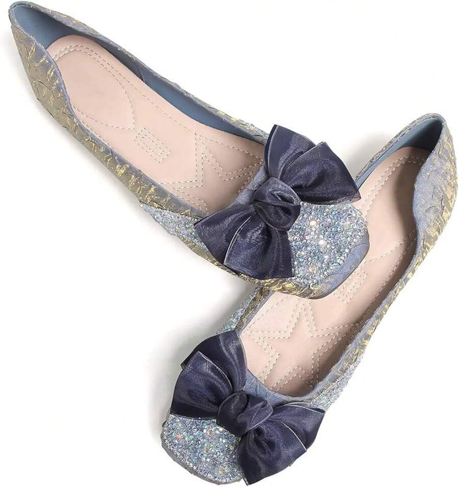 SAILING LU Square Toe Flats Shoes Rhinestoned Bowknots Ballet Flats For Women Studded Dress Shoes Comfort Light Weight LoafersChristmas - A-Blue - 查看 1